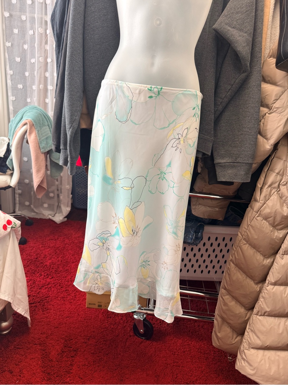Y2K Floral Pastel Satin Midi Skirt - White & Mint